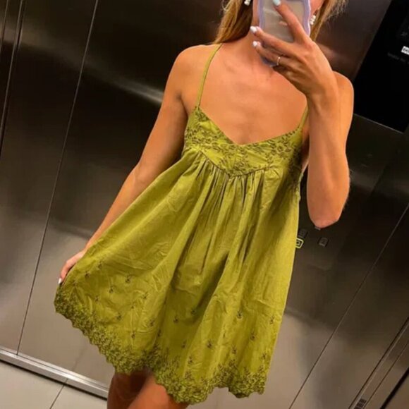 Zara Embroidered Chemise Dress Green Size XS - Picture 1 of 11